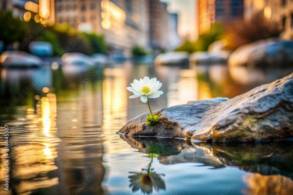 A Serene White Flower Resting on a Rock by the Water in an Urban Exploration Setting, Capturing the Beauty of Nature Amidst Man-Made Environments A Serene White Flower Resting on a Rock by the Water in an Urban Exploration Setting, Capturing the Beauty of Nature Amidst Man-Made Environments