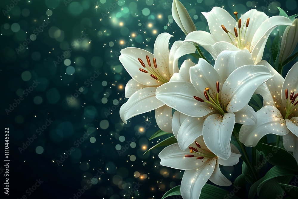 Fototapeta premium Sparkling white lilies on dark teal background.