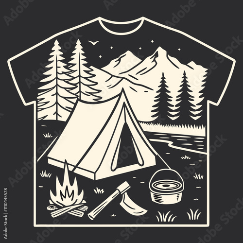 set of elements, a black and white drawing of a camping tent and campfire.