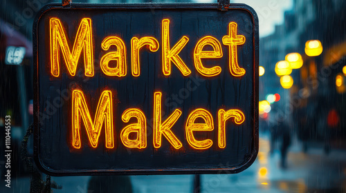 Neon Market Maker Sign with Blurred Urban Street Background photo
