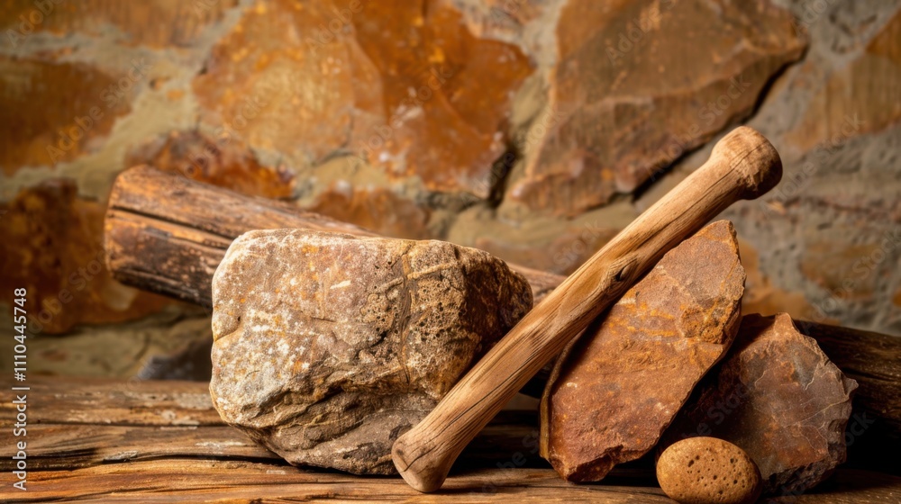 Close-up of ancient stone tools, sharp flint knives, and polished axes on a weathered wooden surface, symbolizing prehistoric craftsmanship and the dawn of human ingenuity..