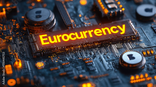 Digital Circuit Board Displaying Eurocurrency Concept with Bright Text photo