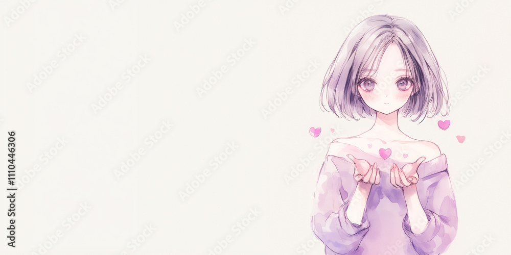 好きな気持ちを大切にする女性。水彩画。イラスト。挿絵。 好きな気持ちを大切にする女性。水彩画。イラスト。挿絵。