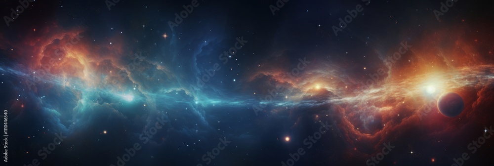 Fototapeta premium Vibrant banner showcasing breathtaking cosmic scene with swirling colors of blue, orange, purple. Distant stars, glowing planets create mesmerizing atmosphere, perfect for artistic inspiration.