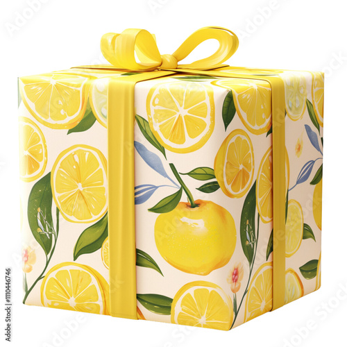 A 3D Gift box wrapped in Lemon glossy wrapping paper