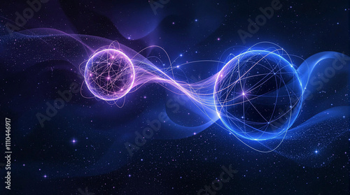 Quantum entanglement visualization with glowing particles and cosmic background, scientific illustration