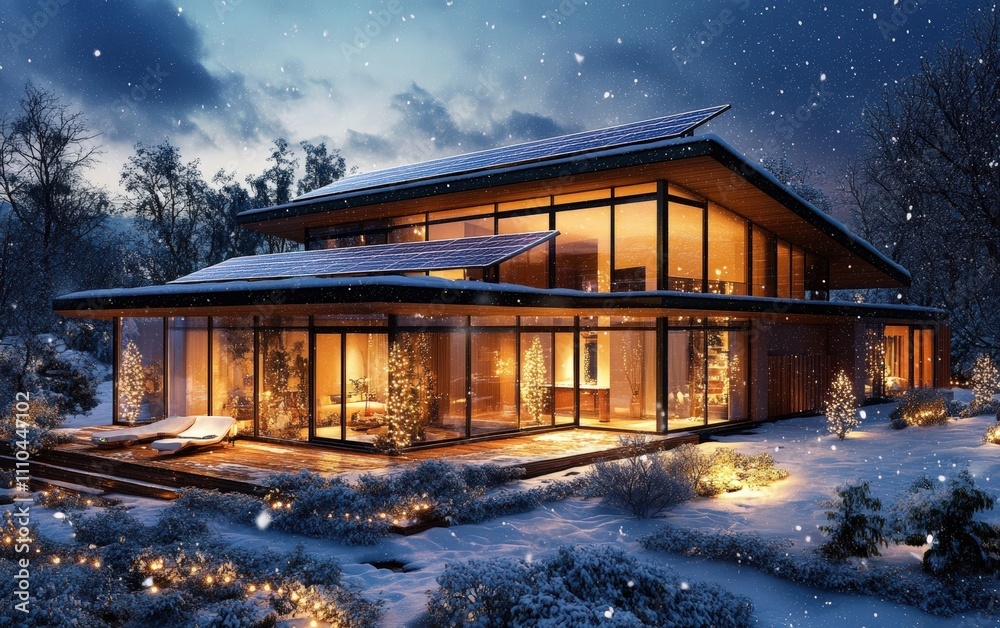 Solar panels on the roof of a luxurious modern house covered in snow with warm festive Christmas lights surrounding the structure soft lighting and vibrant colors Solar panels on the roof of a luxurious modern house covered in snow with warm festive Christmas lights surrounding the structure soft lighting and vibrant colors