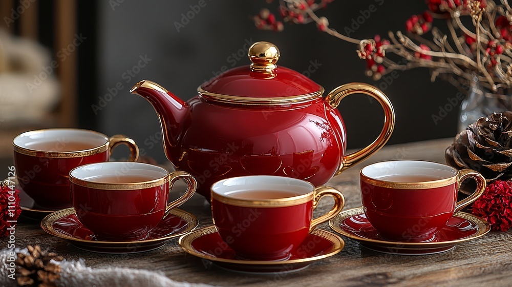 Elegant red tea set with teapot and cups on wooden table Elegant red tea set with teapot and cups on wooden table