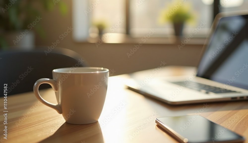 a table with a white mug, a laptop and a smartphone on it a table with a white mug, a laptop and a smartphone on it