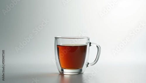 Transparent glass tea mug with tea on a white background, minimalist design 