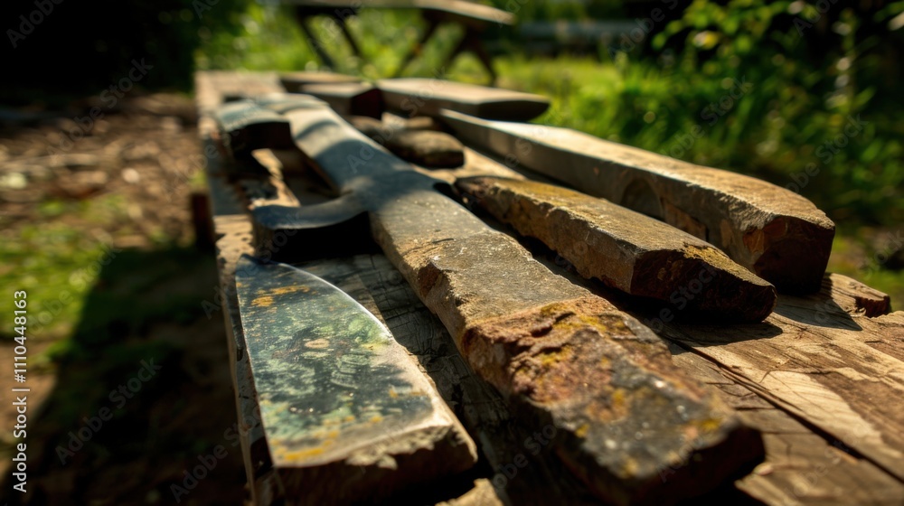 Close-up of ancient stone tools, sharp flint knives, and polished axes on a weathered wooden surface, symbolizing prehistoric craftsmanship and the dawn of human ingenuity.. Close-up of ancient stone tools, sharp flint knives, and polished axes on a weathered wooden surface, symbolizing prehistoric craftsmanship and the dawn of human ingenuity..