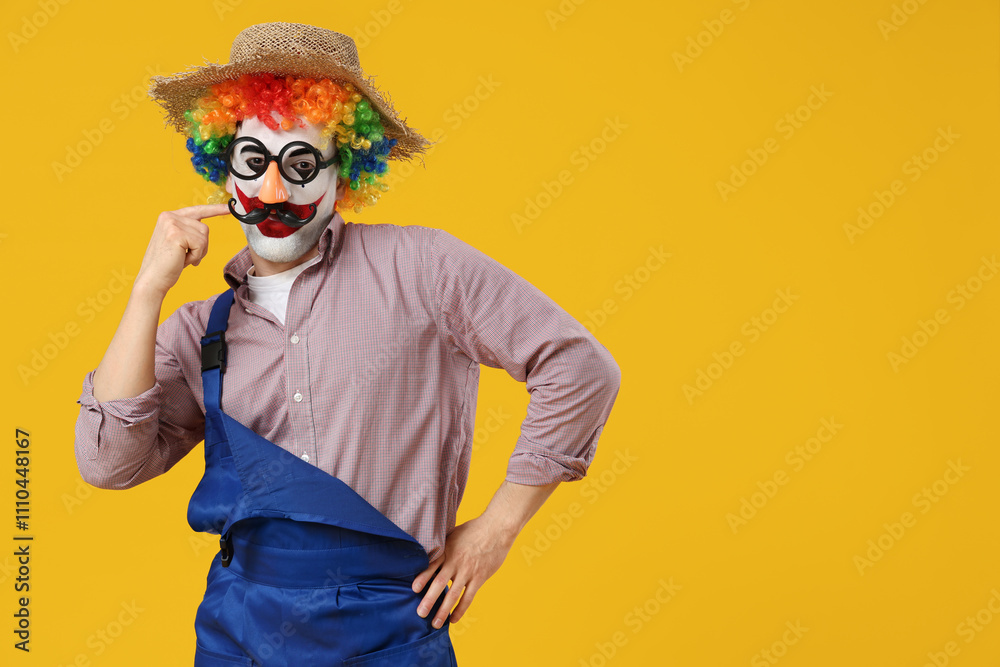 Funny young man as clown farmer on yellow background