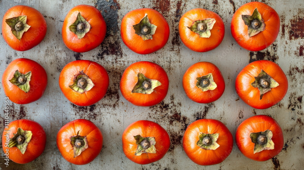 Close-up of bright orange persimmon fruits arranged on a textured surface