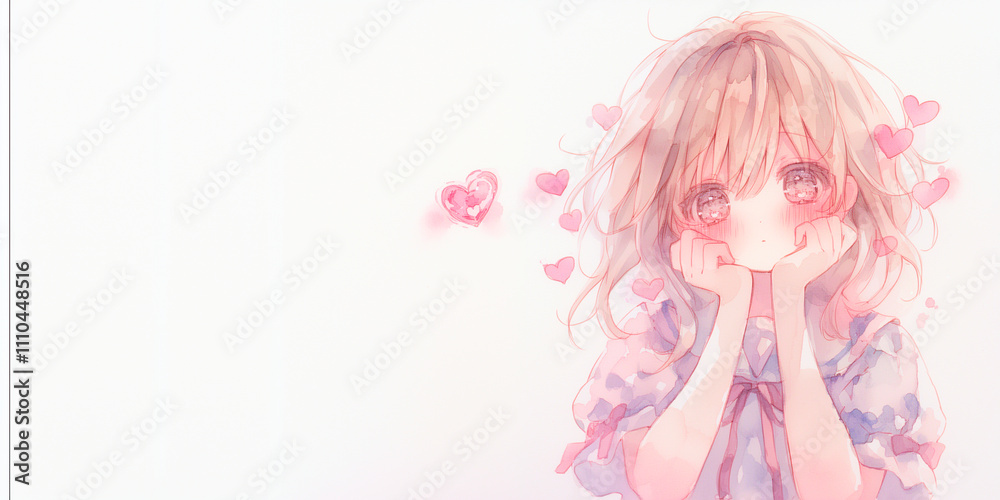 好きな気持ちを大切にする女性。水彩画。イラスト。挿絵。 好きな気持ちを大切にする女性。水彩画。イラスト。挿絵。