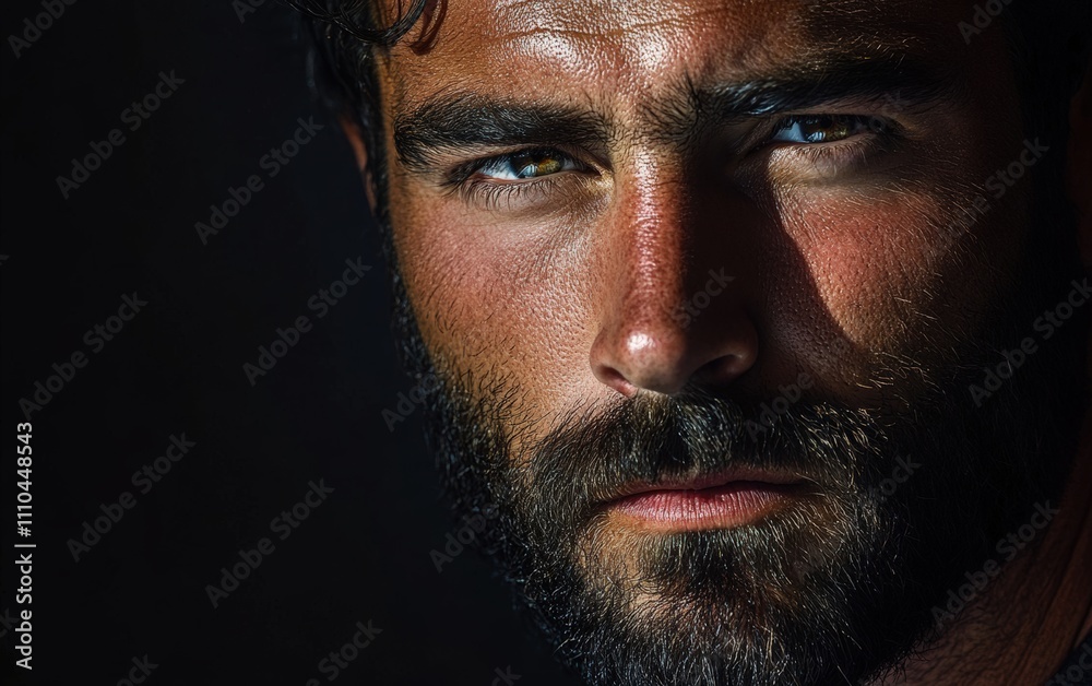 Obraz premium A close-up studio shot of a man with a rugged beard, deep shadows and highlights sculpting his facial structure, processed with dodge and burn for a dramatic backdrop