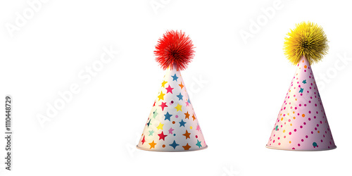 Festive array of colorful party hats polka dots, stars, and pom-pom toppers, celebrations, birthdays, on PNG cutout transparent background.