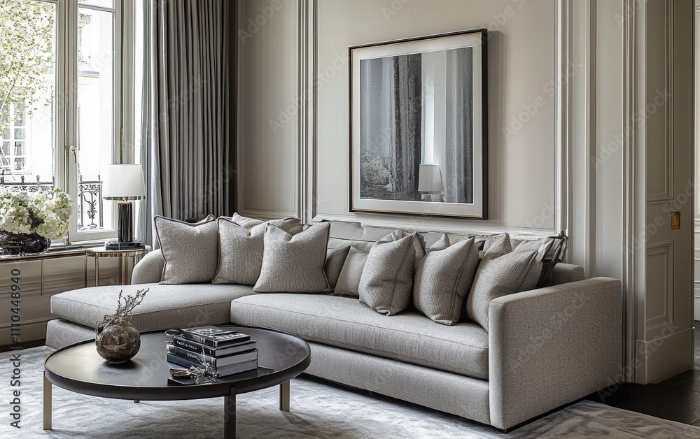 A chic urban interior with a modern gray sofa, light-colored walls, and metallic accents, creating a harmonious and inviting space A chic urban interior with a modern gray sofa, light-colored walls, and metallic accents, creating a harmonious and inviting space