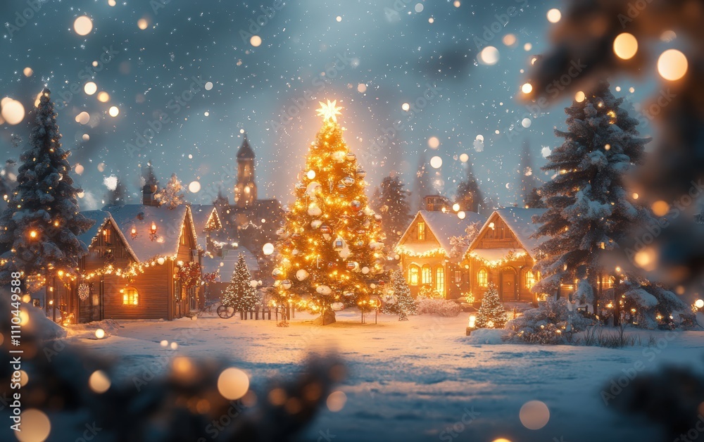 A cozy winter village with glowing lights and a brightly decorated Christmas tree in the center with gentle snowfall A cozy winter village with glowing lights and a brightly decorated Christmas tree in the center with gentle snowfall