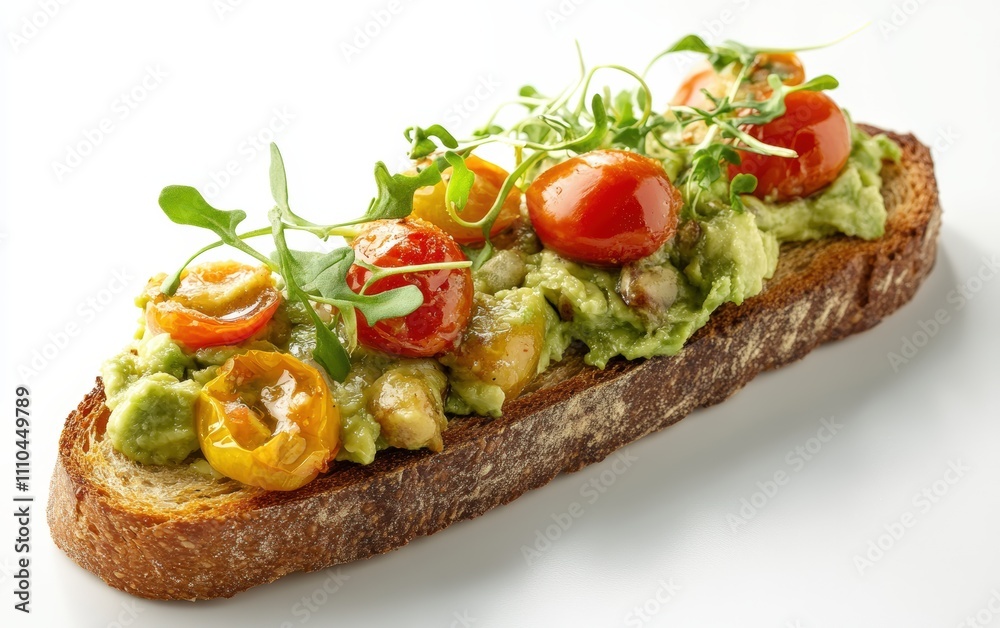 Avocado Toast A slice of whole-grain bread topped with smashed avocado, cherry tomatoes, and microgreens, photographed on a white background. Avocado Toast A slice of whole-grain bread topped with smashed avocado, cherry tomatoes, and microgreens, photographed on a white background.