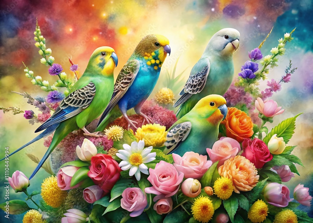 Watercolor Still Life: Bouquets and Budgies with Textured Background in Low Light Photography for a Serene Artistic Atmosphere Watercolor Still Life: Bouquets and Budgies with Textured Background in Low Light Photography for a Serene Artistic Atmosphere