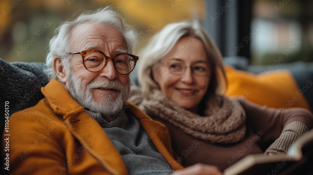 A cozy moment between an elderly couple enjoying each other's company indoors. A cozy moment between an elderly couple enjoying each other's company indoors.
