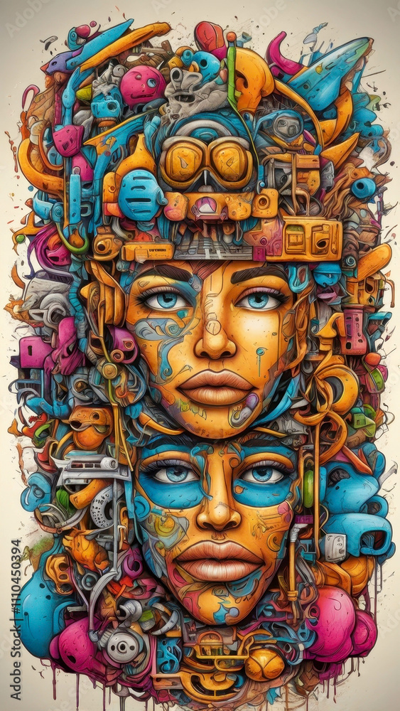 Complex and colorful graffiti with various elements, street art, urban culture symbols and dynamic facial expressions. Complex and colorful graffiti with various elements, street art, urban culture symbols and dynamic facial expressions.