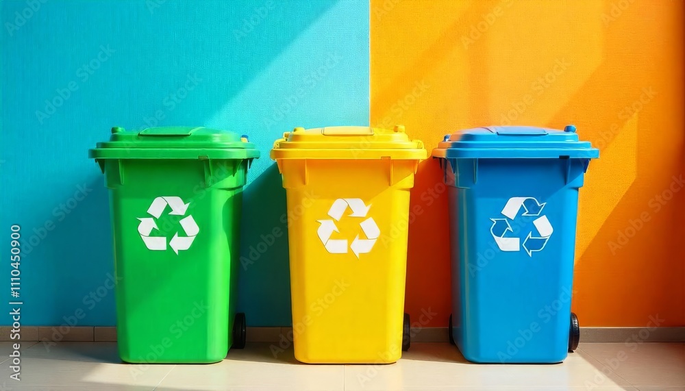 Three recycling bins, colored green, yellow, and blue, are placed in front of a brightly painted wall Three recycling bins, colored green, yellow, and blue, are placed in front of a brightly painted wall