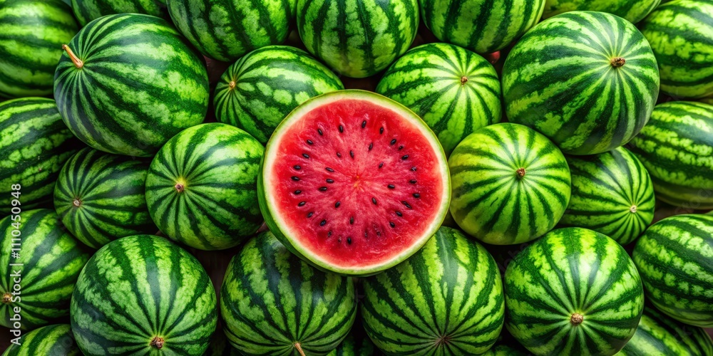 Aerial View of a Fresh Watermelon with Vibrant Green Rind and Juicy Red Flesh Highlighting Textures and Patterns for Food Photography and Summer Refreshments Aerial View of a Fresh Watermelon with Vibrant Green Rind and Juicy Red Flesh Highlighting Textures and Patterns for Food Photography and Summer Refreshments
