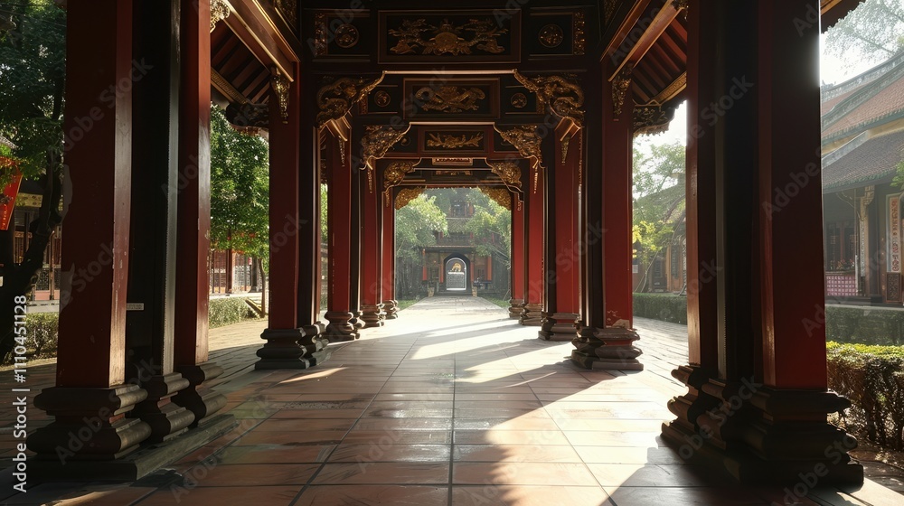 Fototapeta premium A serene walkway lined with ornate pillars, illuminated by soft sunlight, leading to a tranquil space surrounded by lush greenery.