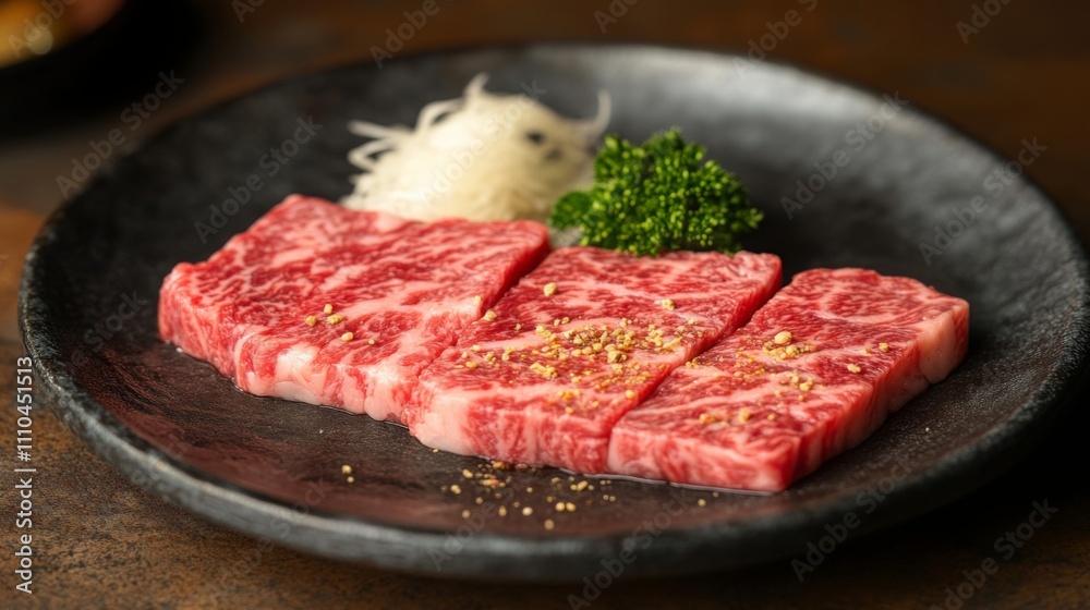 Raw Beef Steak with Marbling on a Black Plate Raw Beef Steak with Marbling on a Black Plate