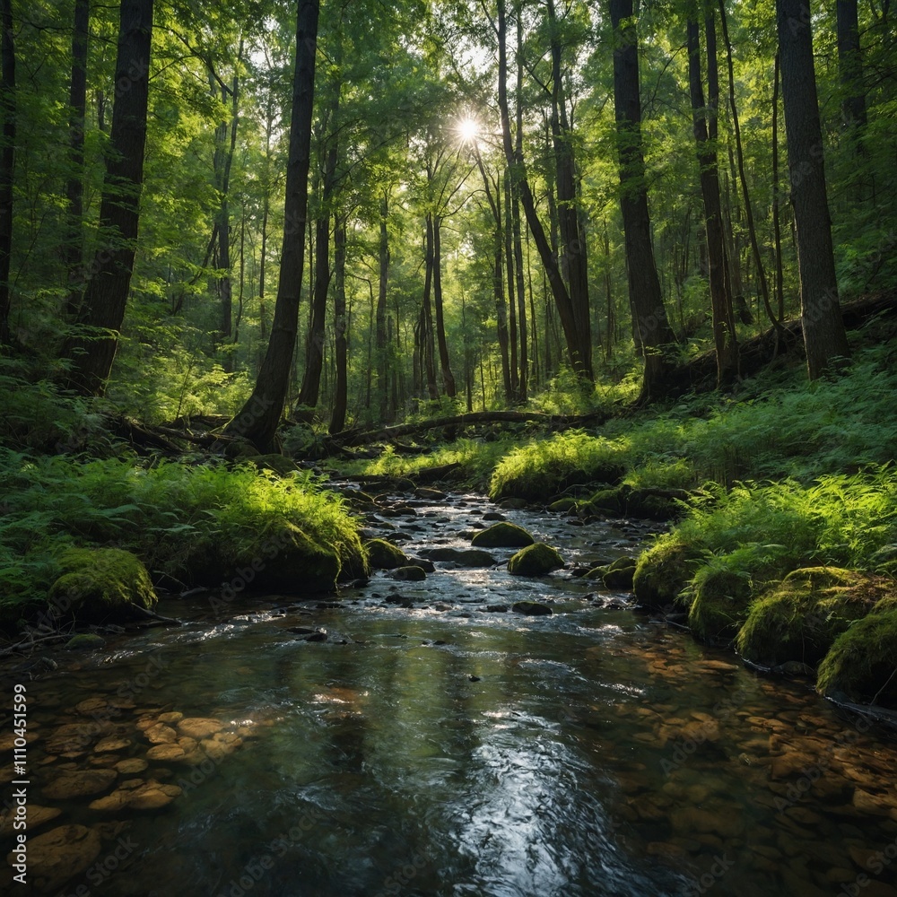 A serene forest with a narrow stream running through, tall trees with green leaves, and the sky shining brightly. A serene forest with a narrow stream running through, tall trees with green leaves, and the sky shining brightly.