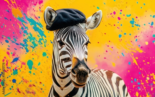 A zebra with a painters beret, standing near a premium line of art supplies, vibrant splashes of color on a bright background showcasing creativity photo