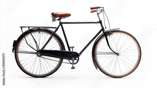 A classic black bicycle stands against a blank background, featuring a brown leather saddle and grips. Its design highlights vintage craftsmanship and simplicity photo