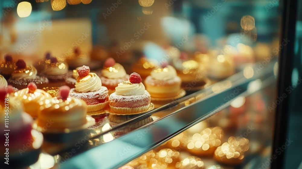 Fototapeta premium Artistic dessert display case perfectly lit with pastries in a luxury patisserie presentation