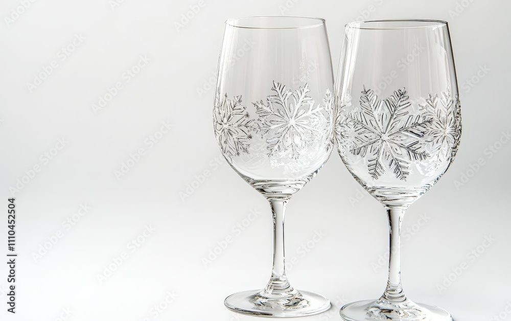 Festive Glassware with Snowflake Etching A pair of elegant crystal wine glasses etched with intricate snowflake designs, sparkling against a bright white background. Festive Glassware with Snowflake Etching A pair of elegant crystal wine glasses etched with intricate snowflake designs, sparkling against a bright white background.