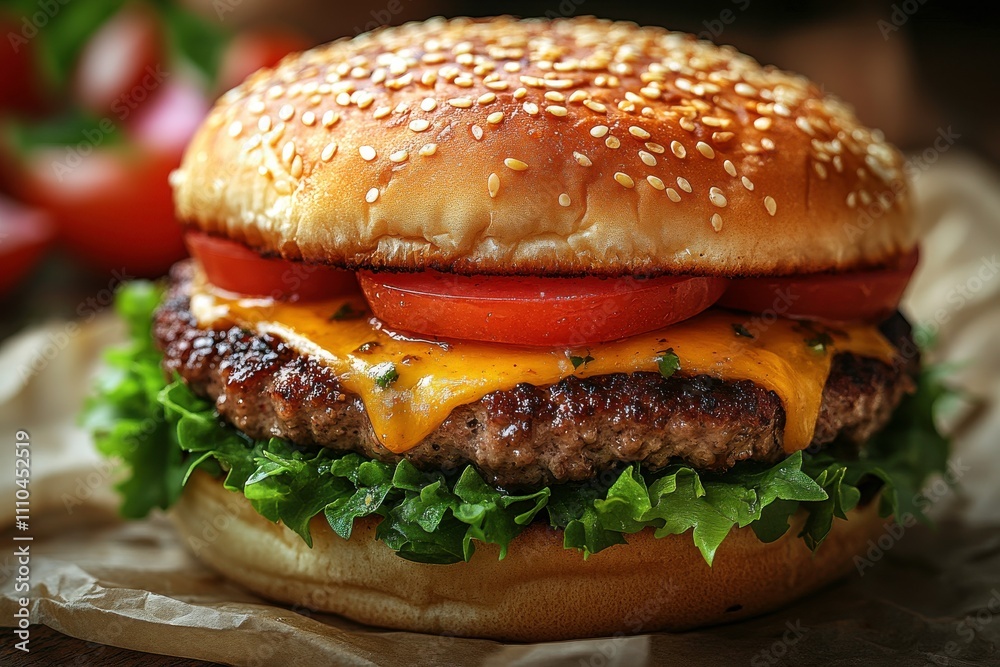 A delicious hamburger with lettuce, cheese, and tomatoes on a sesame seed bun. A delicious hamburger with lettuce, cheese, and tomatoes on a sesame seed bun.