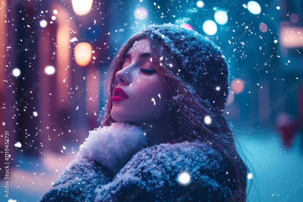 Female fashion model, enjoying snowfall. Brunette, bold red lips. Wearing wool coat and scarf. In snowy alley way, city lights in background. Whimsical. Winter atmosphere. Cosmetics, Fashion style. Female fashion model, enjoying snowfall. Brunette, bold red lips. Wearing wool coat and scarf. In snowy alley way, city lights in background. Whimsical. Winter atmosphere. Cosmetics, Fashion style.