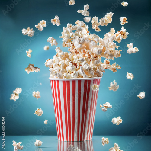 Gobelet remplit de popcorn, explosion, délicieux photo