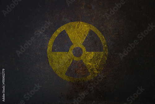 Radioactive (ionizing radiation) round yellow and black danger symbol painted on a massive rusty metal wall with dark rustic grunge texture background. Nuclear, radioactive alert concept. photo