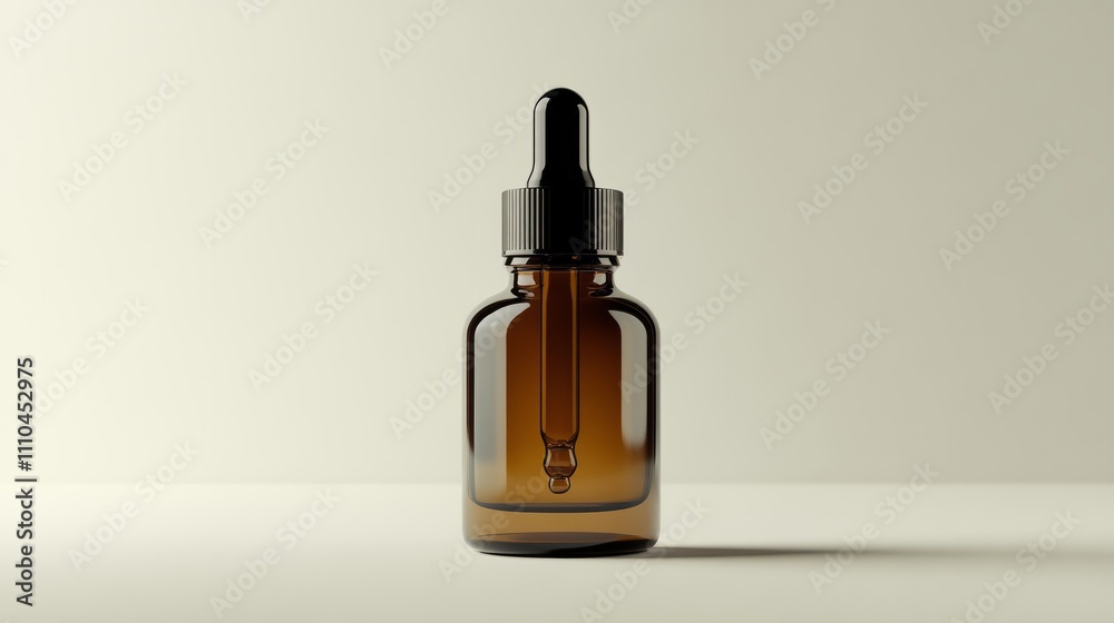 A brown glass dropper bottle is centered on a light backdrop. The bottle is filled with a liquid and features a dropper top. The setting offers ample space for labeling or text A brown glass dropper bottle is centered on a light backdrop. The bottle is filled with a liquid and features a dropper top. The setting offers ample space for labeling or text