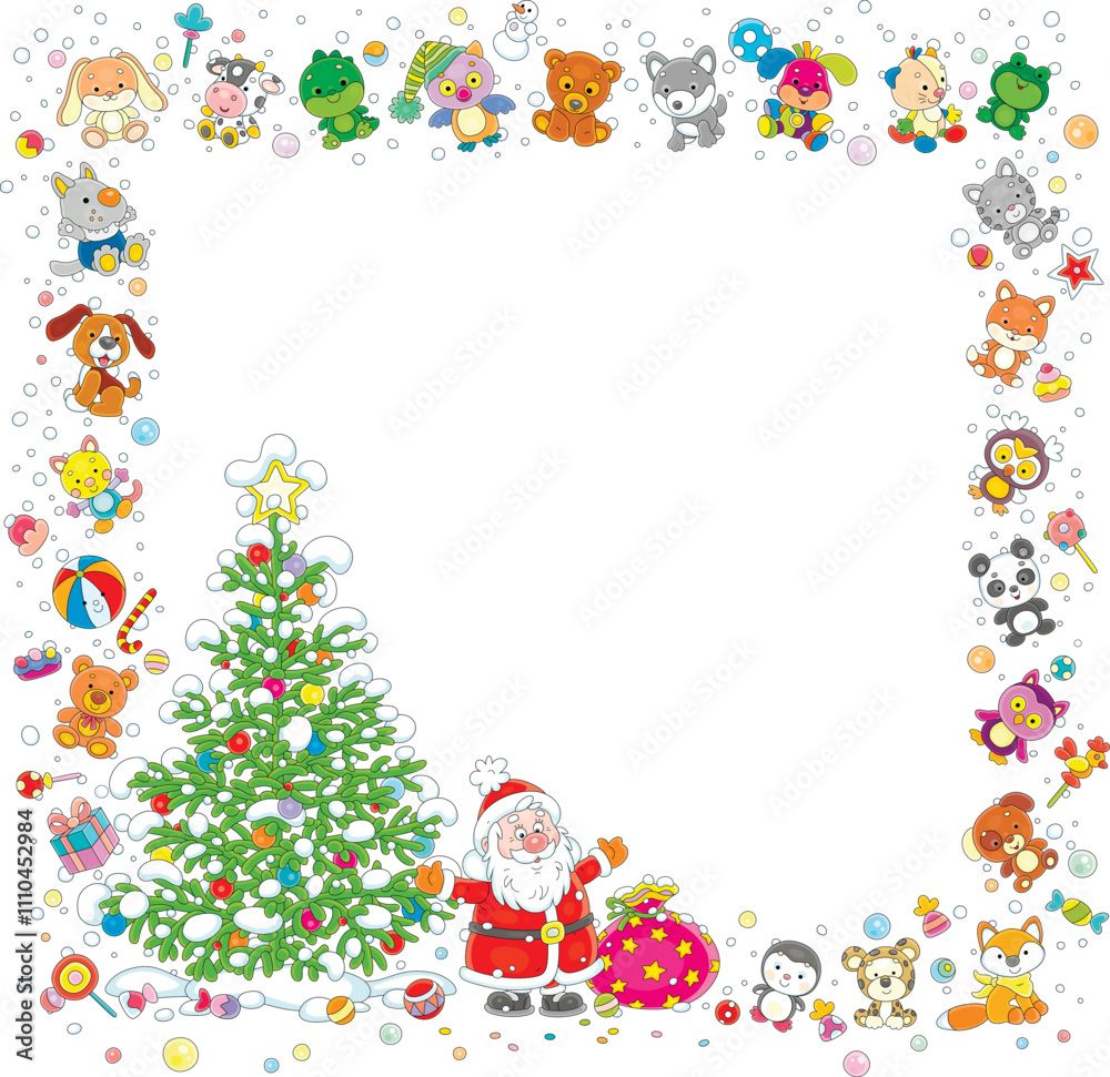 Christmas frame border with happy Santa Claus waving in greeting near a decorated green fir surrounded by funny colorful toys, sweets and flying snowflakes, vector cartoon illustration Christmas frame border with happy Santa Claus waving in greeting near a decorated green fir surrounded by funny colorful toys, sweets and flying snowflakes, vector cartoon illustration