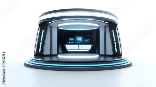 teleportation booth with a modern, high-tech interface in a sleek theme park environment