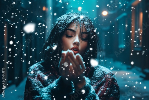 Female fashion model, enjoying snowfall. Brunette, bold red lips. Wearing wool coat and scarf. In snowy alley way, city lights in background. Whimsical. Winter atmosphere. Cosmetics, Fashion style.