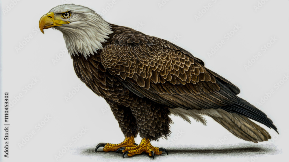 Fototapeta premium Full-body American bald eagle, standing proudly, isolated on a white background