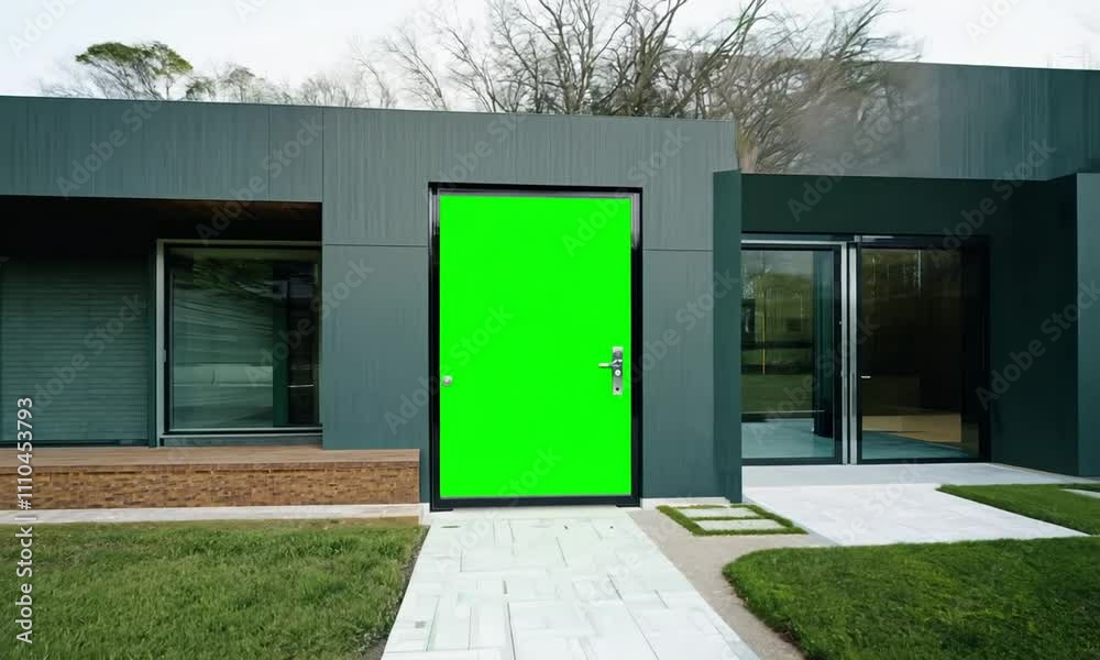 Modern House front side with green screen door. Generative AI Modern House front side with green screen door. Generative AI