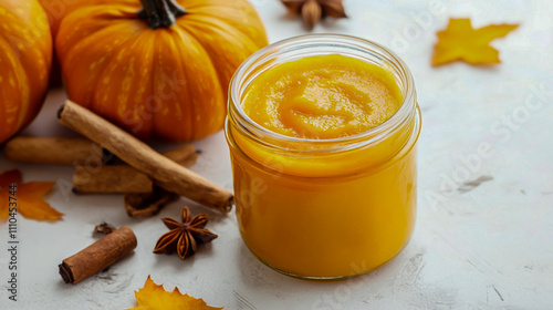 Glass jar of smooth pumpkin puree isolated on a white background, perfect for fall recipes photo