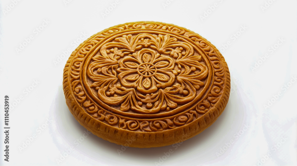 Golden brown round bread with an intricate decorative design, presented on a clean white background Golden brown round bread with an intricate decorative design, presented on a clean white background