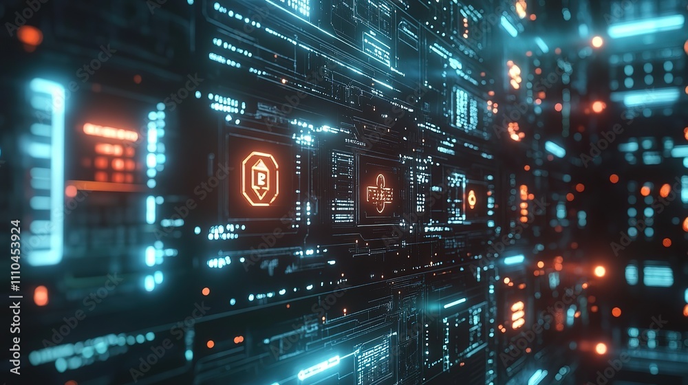 Fototapeta premium Illuminated digital computer server interface in perspective view.