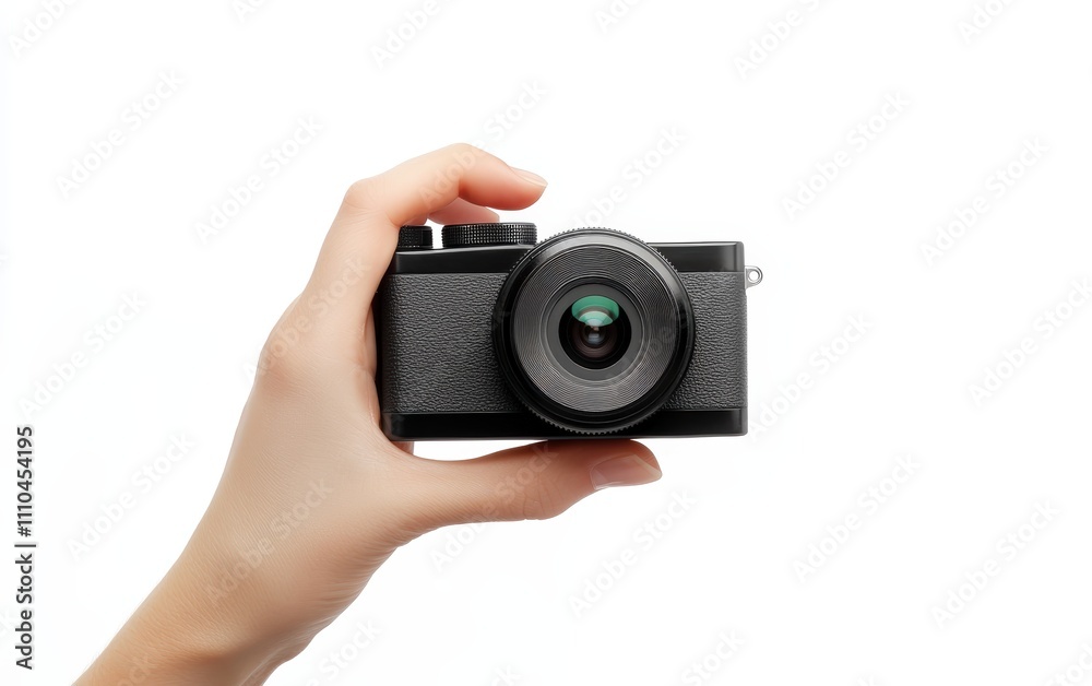 Fototapeta premium Hand Holding a Camera Hand holding a sleek, compact digital camera with a modern lens, on a white background.