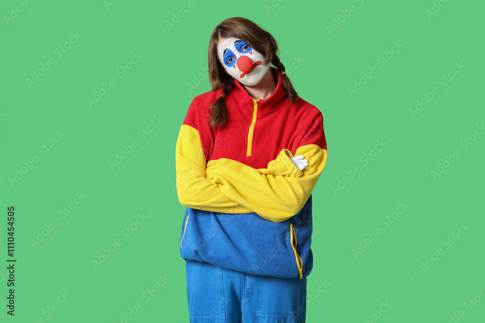 Young woman dressed as sad clown on green background. April Fool's day celebration Young woman dressed as sad clown on green background. April Fool's day celebration